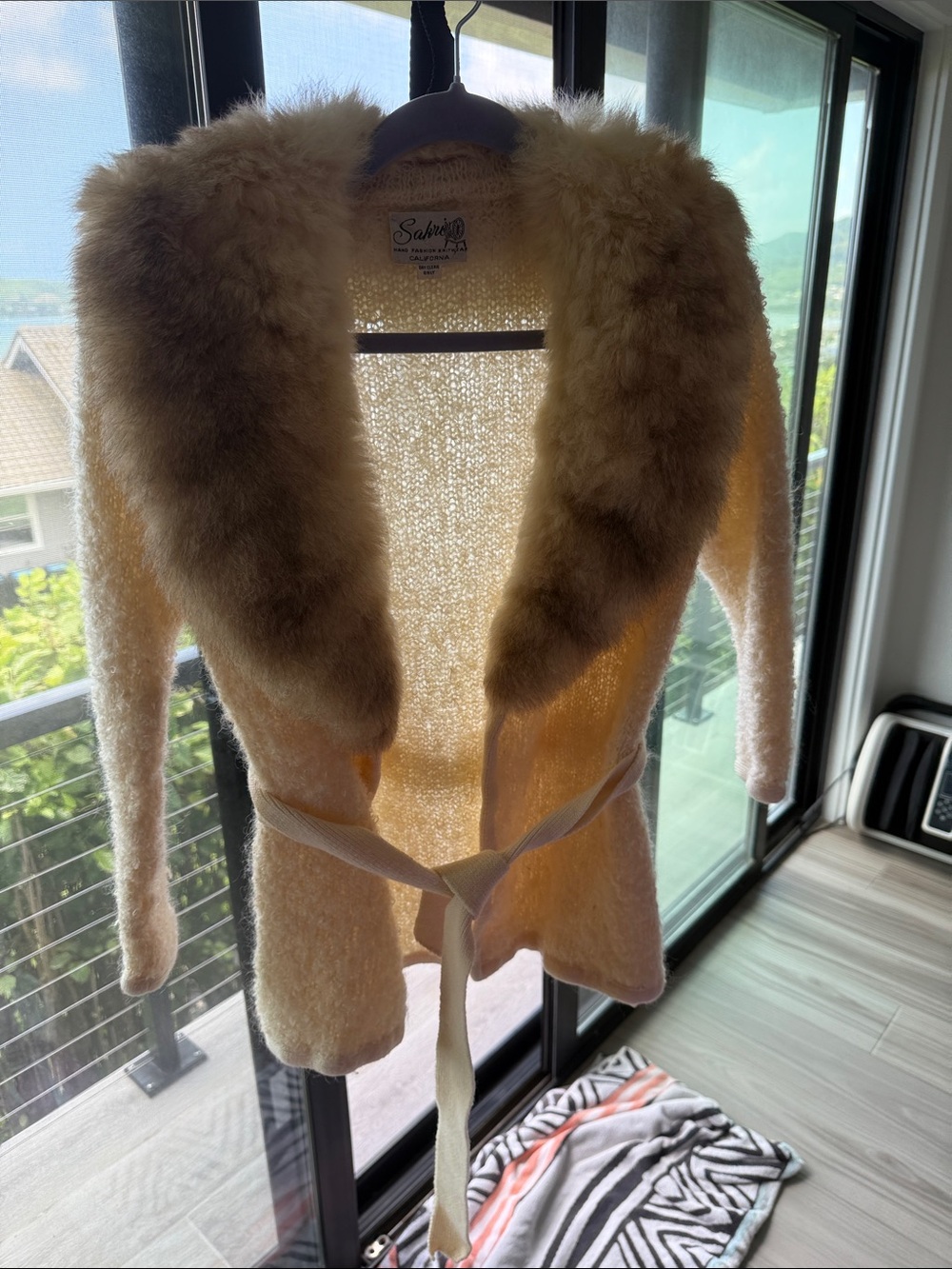 Vintage Cream real Fur-Trim Knit Belted Jacket